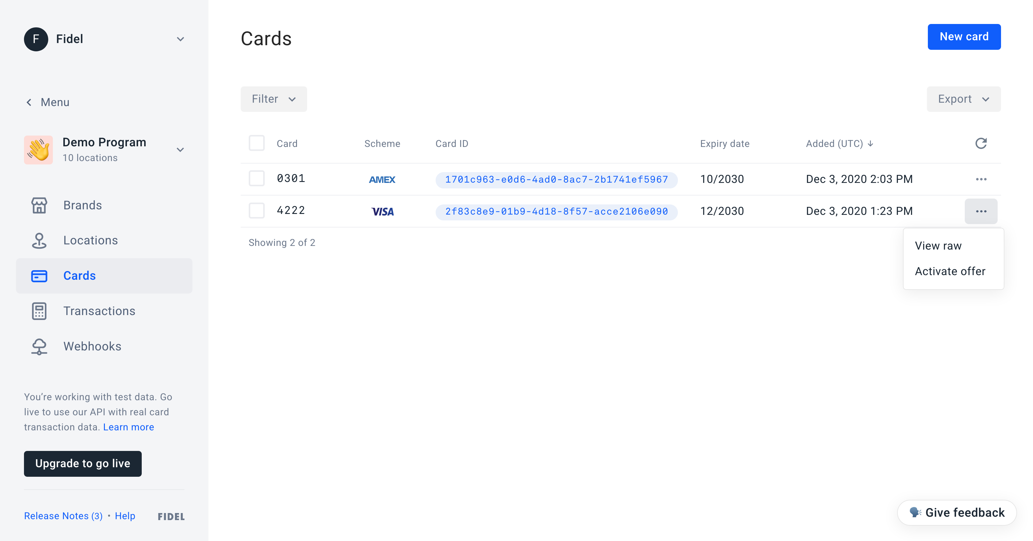 Activate offer on Card in Fidel Dashboard